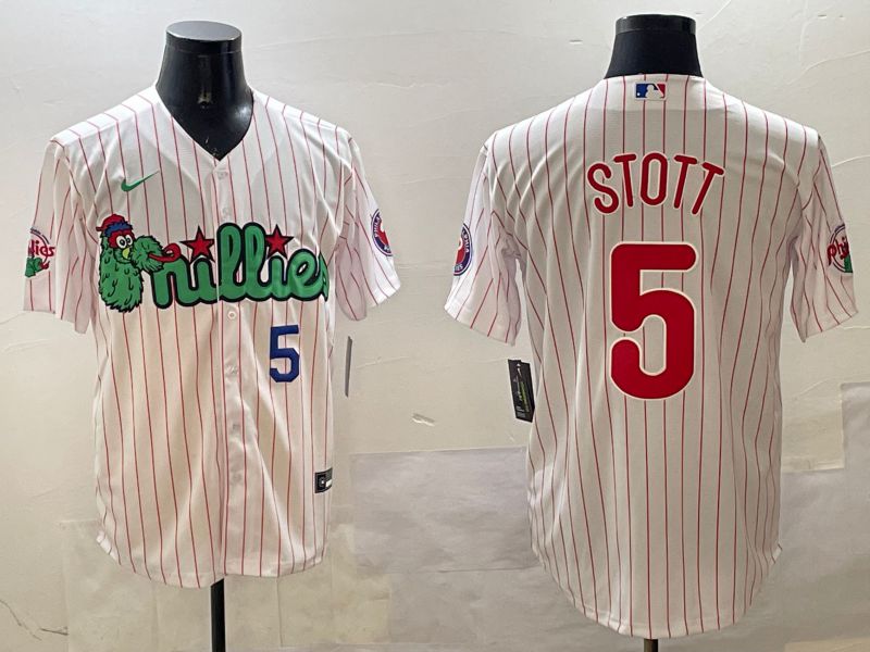 Men Philadelphia Phillies #5 Stott White Stripe Three generations Joint Name Game 2025 Nike MLB Jersey style 2->philadelphia phillies->MLB Jersey